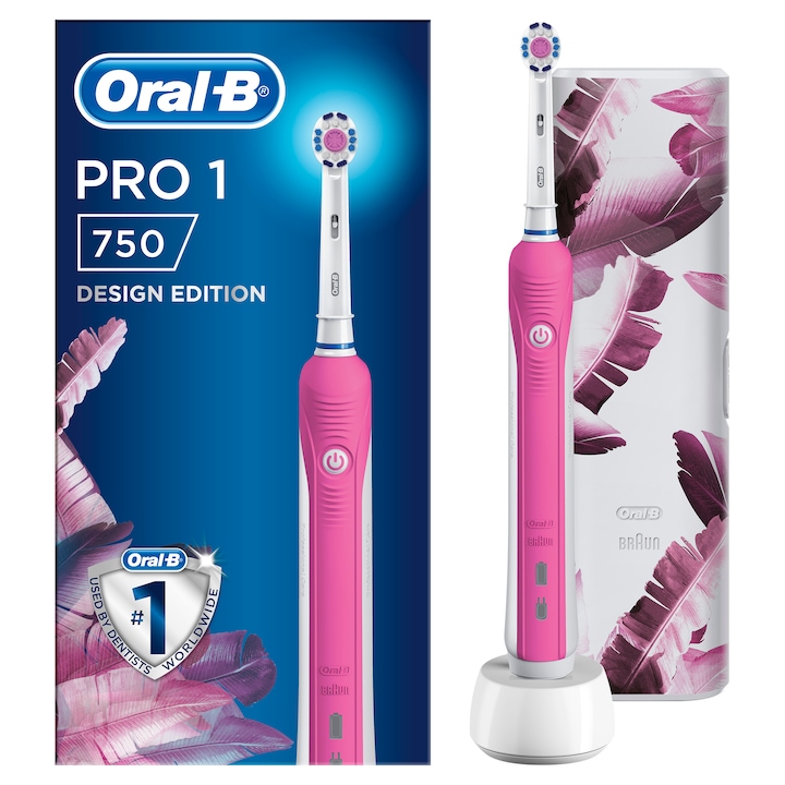 Oral-B PRO 1 750 Design Edition 3D White elektromos fogkefe, 40000 impulzus/perc, 8800 oszcilláció/perc, 3D tisztítás, 1 program, 1 fej, utazókészlet, rózsaszín
