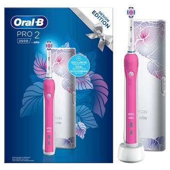 Periuta de dinti electrica Oral-B Pro 2 2500 Design Edition 3D White, 40000 pulsatii/min, 8800 oscilatii/min, Curatare 3D, 2 Programe, 1 capat, Trusa de calatorie, Roz Periuta de dinti electrica Oral-B Pro 2 2500 Design Edition 3D White, 40000 pulsatii/min, 8800 oscilatii/min, Curatare 3D, 2 Programe, 1 capat, Trusa de calatorie, Roz