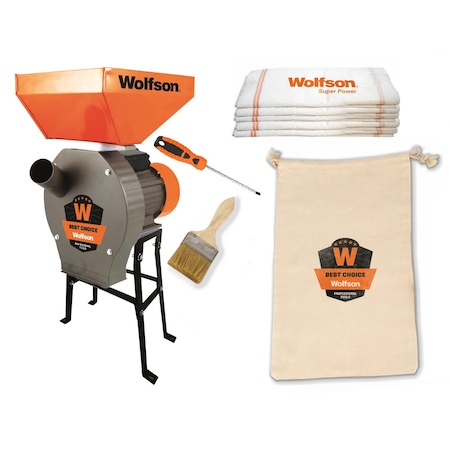 Set Moara WOLFSON® cu suport metalic 2 in 1, 2.7KW, 100% CUPRU, 200kg/ora, pentru macinat cereale, uruiala, porumb boabe, stiuleti, coceni, butuc cu 20 ciocanele, 4 site, 10 saci rafie, 1 sac textil, 1 perie, 1 surubelnita