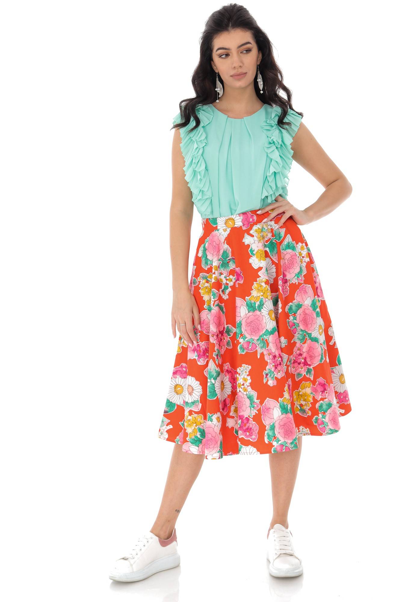 Fusta cu imprimeu floral - ROH - FR482, Portocaliu