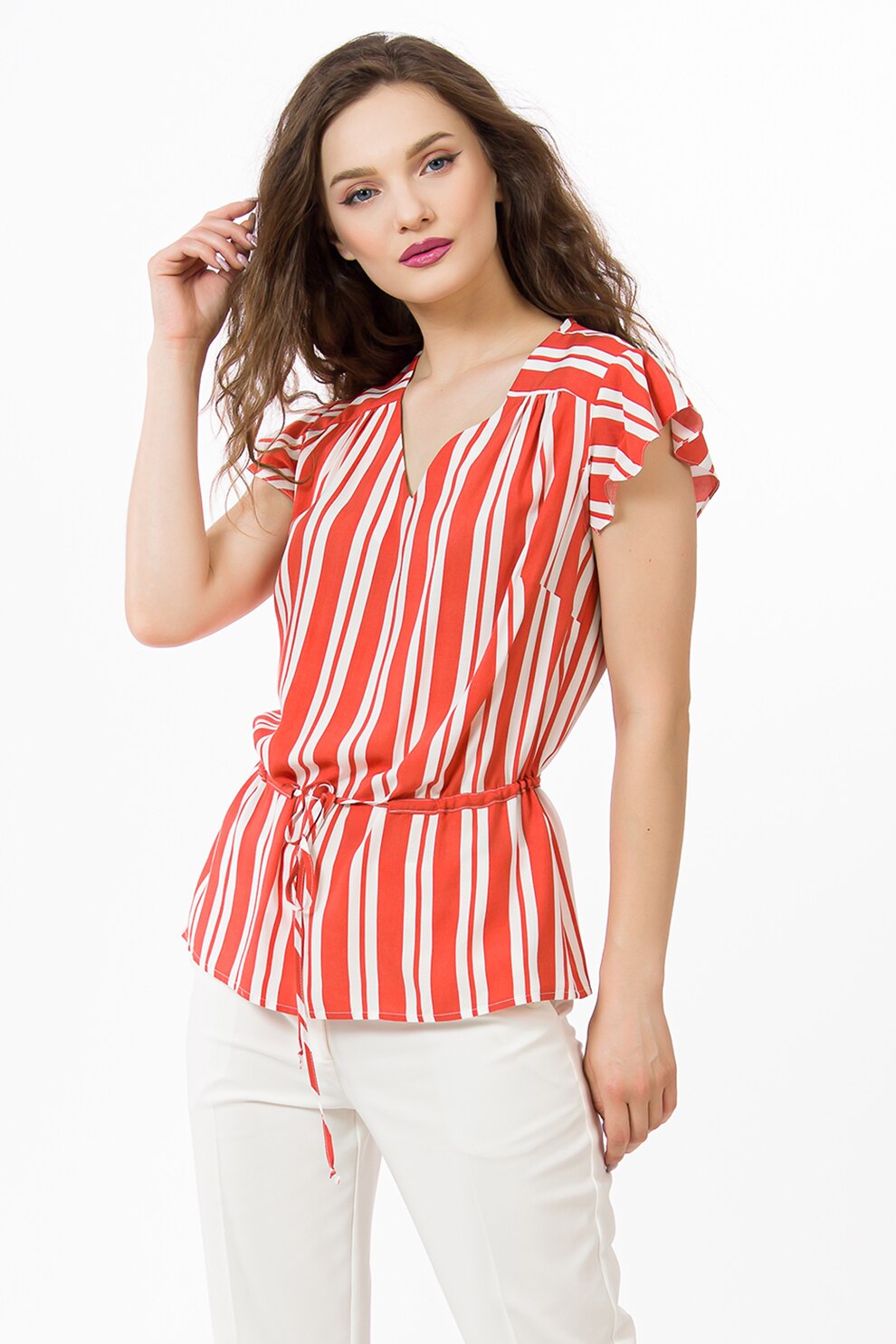 Sense, Bluza cu decolteu in V si model in dungi, Oranj mandarina/Alb