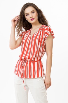 Sense, Bluza cu decolteu in V si model in dungi, Oranj mandarina/Alb Sense, Bluza cu decolteu in V si model in dungi, Oranj mandarina/Alb