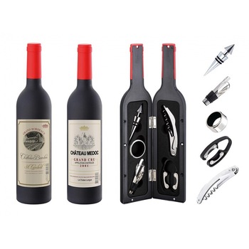 Set 5 accesorii pentru vin Peterhof + cutie in forma de sticla, 6 piese Set 5 accesorii pentru vin Peterhof + cutie in forma de sticla, 6 piese