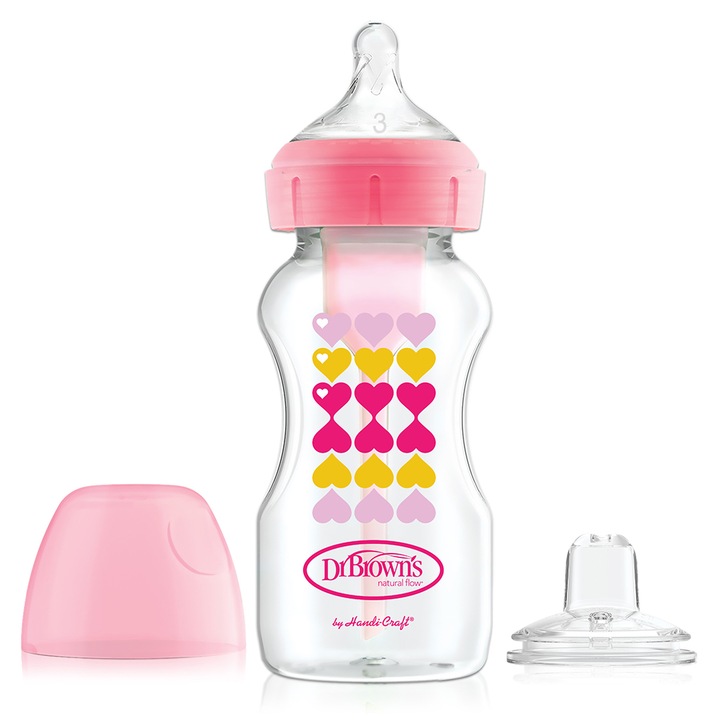 Шише Dr.Brown`s Wide-Neck Options+, Преходно, Pink Hearts 270ml, 6+ месеца, Розов