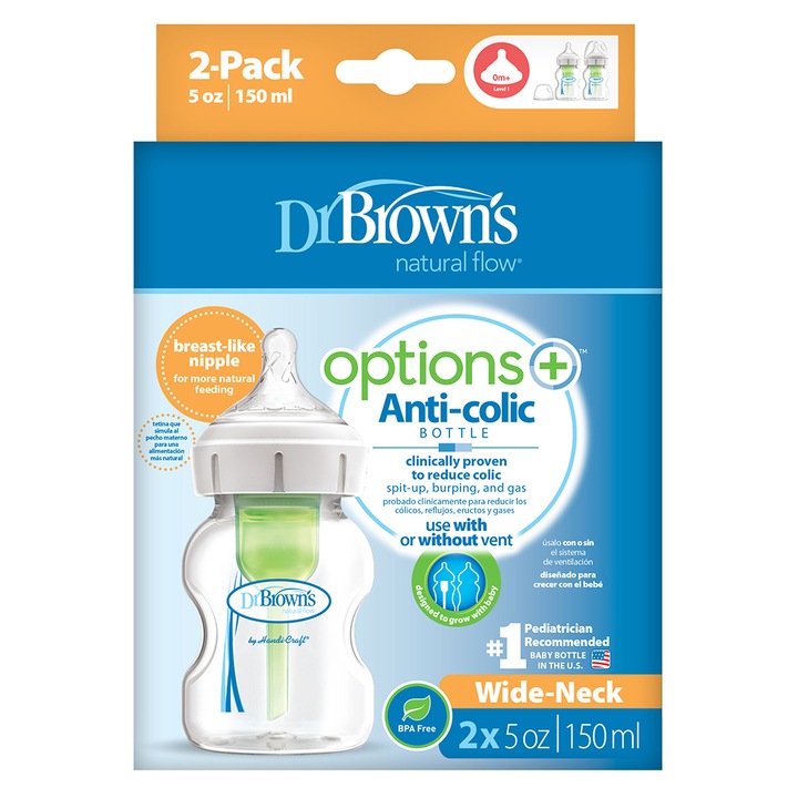 Шише Dr.Brown`s Wide Neck Options+ със система против колики, 150 мл, 0+ месеца, 2 броя