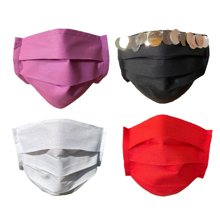 Set 4 masti protectie reutilizabile, bumbac, asigura o buna respiratie, rosie, alba, mov, neagra cu paiete