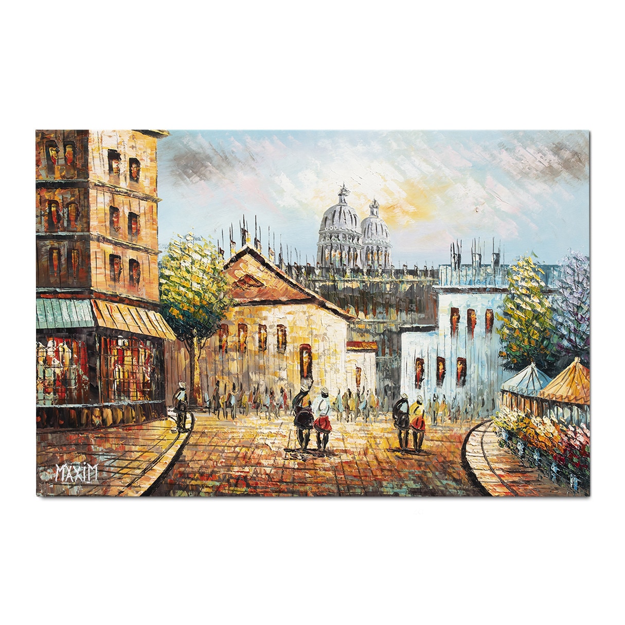 Tablou pictat manual - Parisul interbelic, scena stradala - 90x60cm pictura ulei pe panza