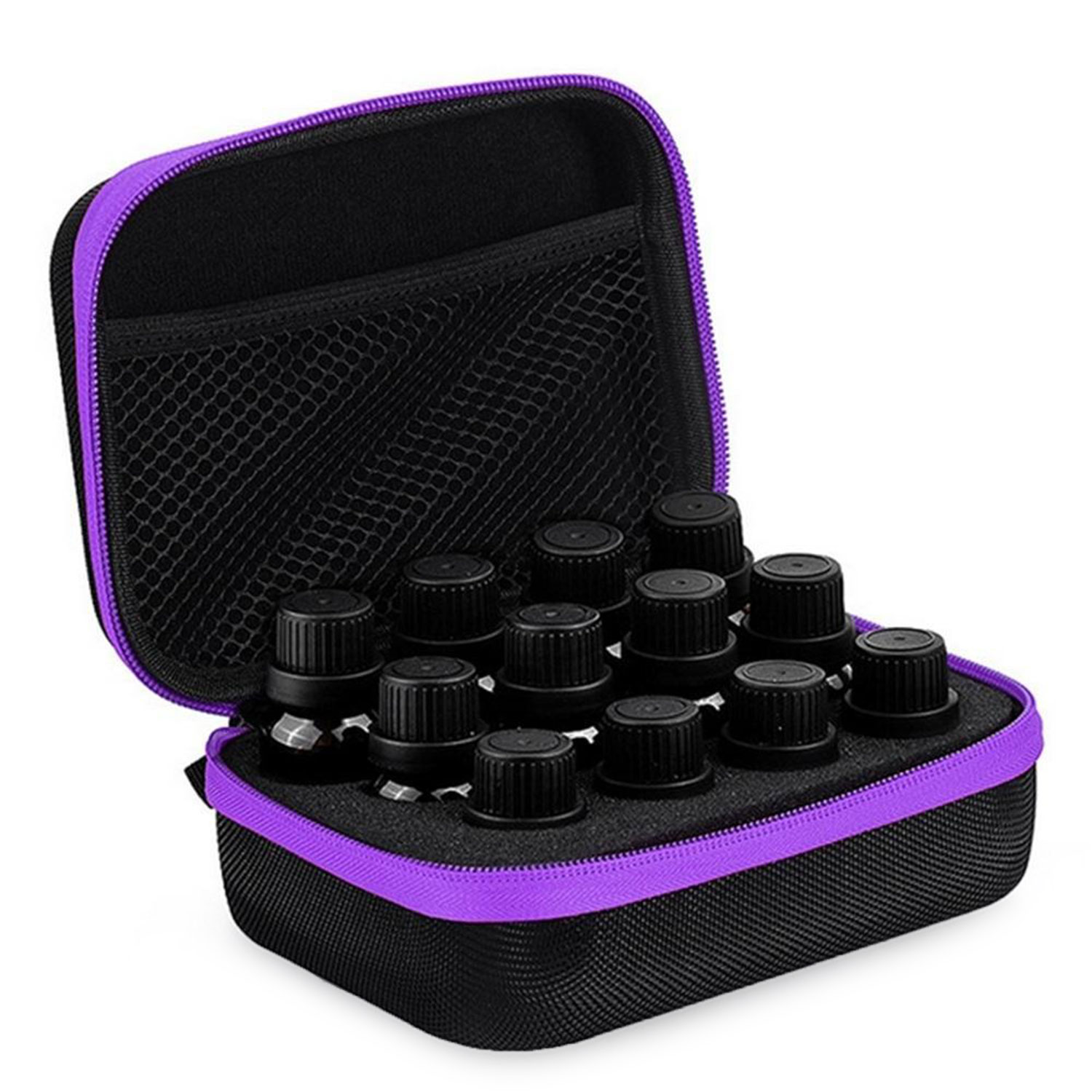 Organizator tip geanta ZAJA®, pentru 12 sticle de uleiuri esentiale (5ml, 10ml, 15ml), fermoar mov