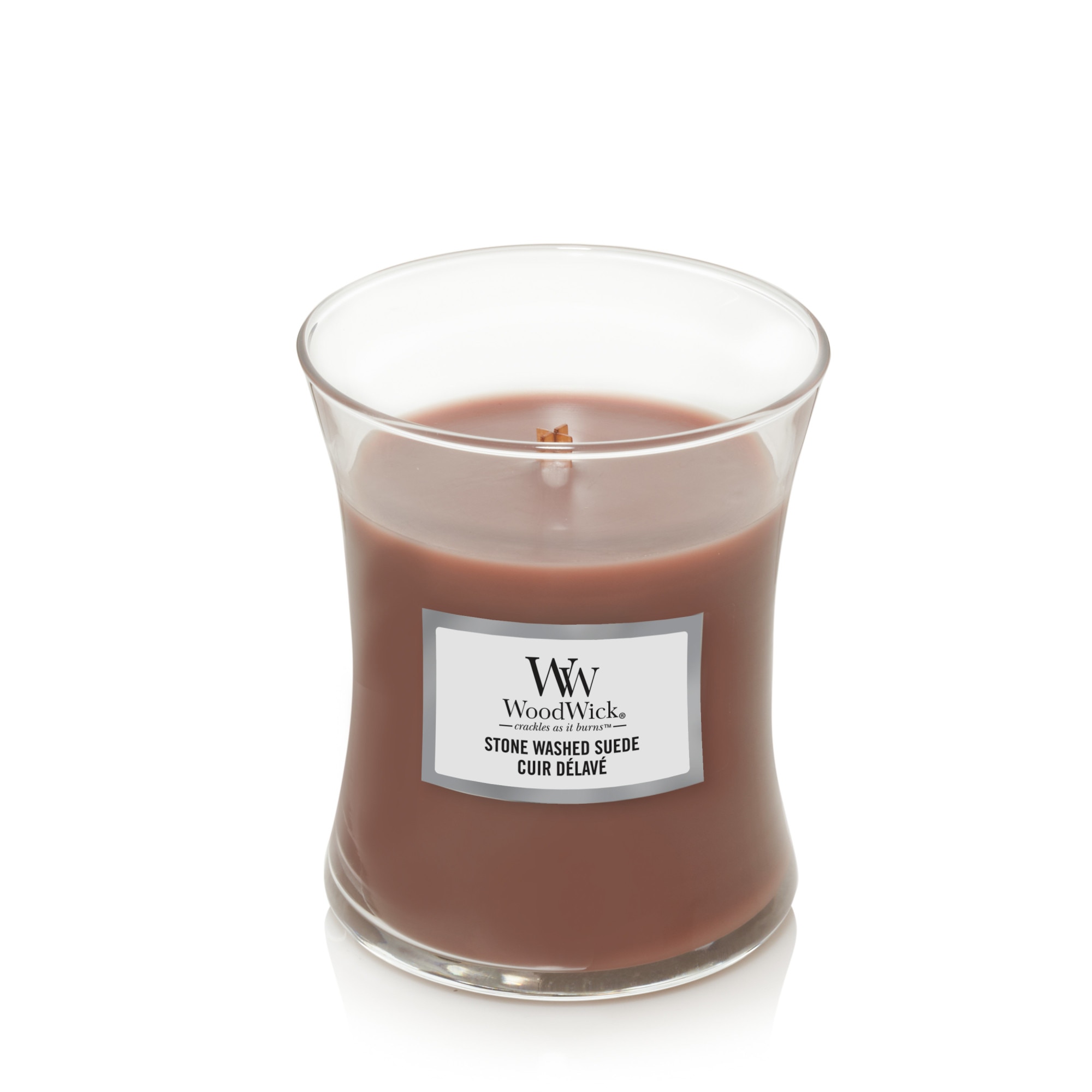 Lumanare Parfumata Borcan Mediu Stone Washed Suede, WoodWick®