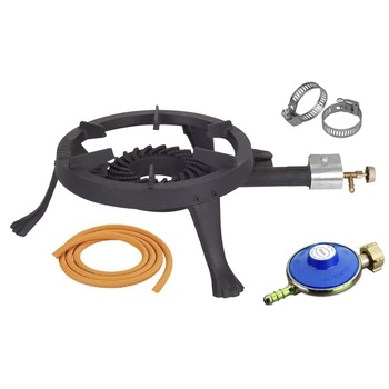 Pachet Arzator rotund exterior, pirostrie din fonta, diametru 28cm + Regulator gaz + 2m furtun + 2 coliere Pachet Arzator rotund exterior, pirostrie din fonta, diametru 28cm + Regulator gaz + 2m furtun + 2 coliere