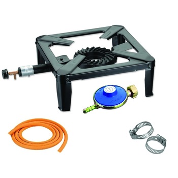 Pachet Arzator patrat exterior, pirostrie din metal, 40x40 cm+ Regulator gaz + 2m furtun + 2 coliere Pachet Arzator patrat exterior, pirostrie din metal, 40x40 cm+ Regulator gaz + 2m furtun + 2 coliere