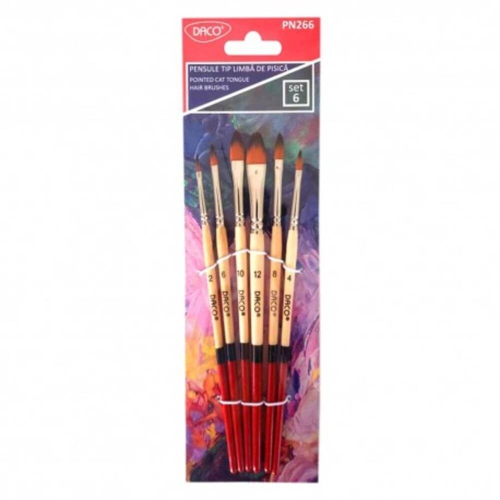 Pensule DACO, 6 Buc/Set, Varf Ascutit Tip Limba de Pisica cu Par Sintetic