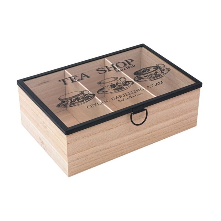 Кутия за съхранение на чай, 3 отделения, 24x16x8.5 см, дърво