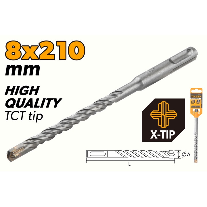 Burghiu SDS-plus TOLSEN 8x210 mm tip X, TCT, otel aliat cromat, flaut dublu pentru evacuare eficienta, finisaj cu nisip fin, coada SDS-plus, calitate industriala