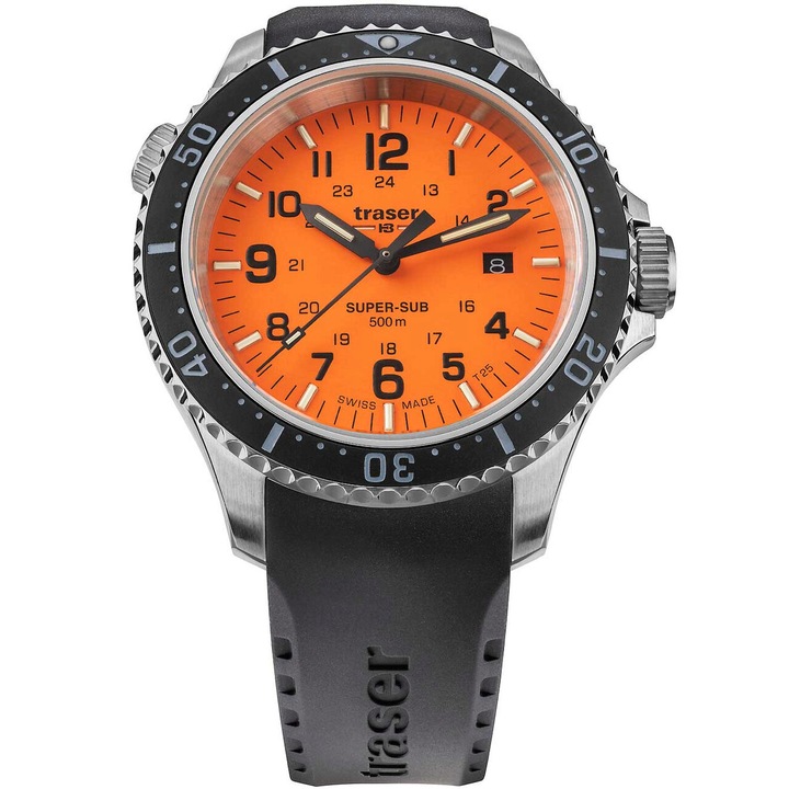 Мъжки часовник Traser H3 109380, кварцов, 46 мм, 50ATM, Черен/оранжев