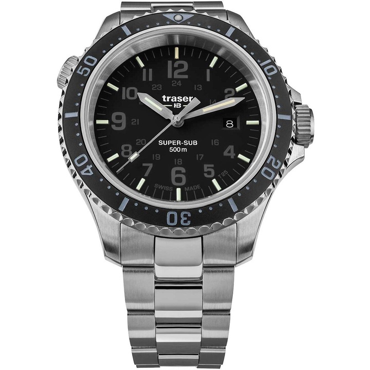 Мъжки часовник Traser H3 109378, кварцов, 46 мм, 50ATM, сребрист