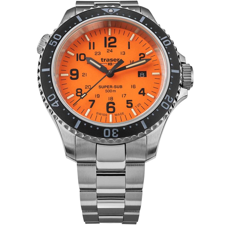 Мъжки часовник Traser H3 109381, кварцов, 46 мм, 50ATM, сребрист/оранжев