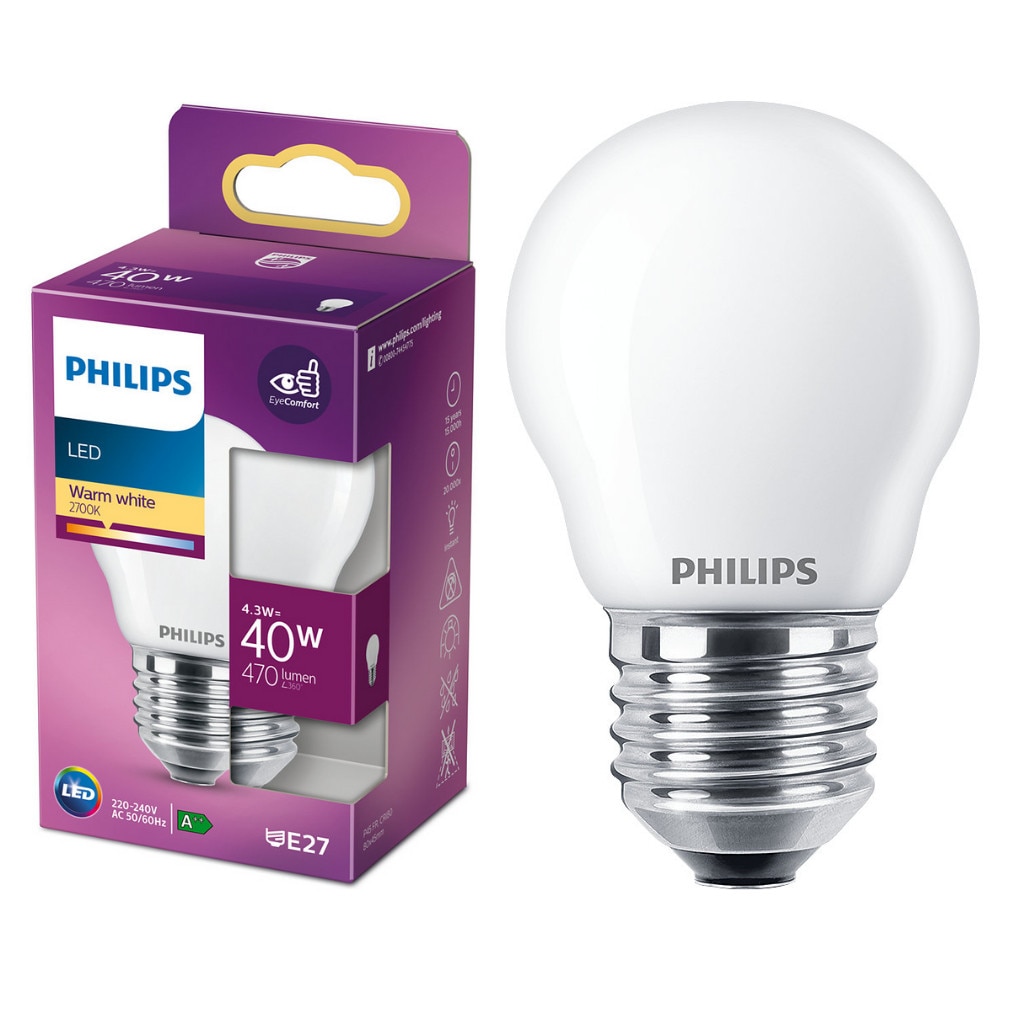 Bec LED Philips E27, 4.3W (40W), 470 lm,Clasa energetica lumina alba calda (2700K) - eMAG.ro