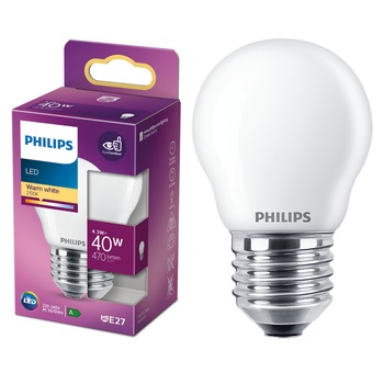 Bec LED Philips Classic, E27, 4.3W (40W), 470 lm,Clasa energetica F, lumina alba calda (2700K) Bec LED Philips Classic, E27, 4.3W (40W), 470 lm,Clasa energetica F, lumina alba calda (2700K)