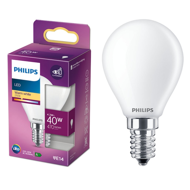 Bec LED Philips, E14, 4.3W (40W), 470 lm, lumina alba calda (2700K), clasa energetica F
