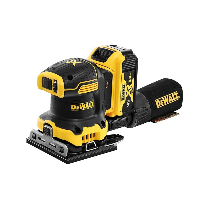 Vibrációs csiszológép, Dewalt, 108 x 115 mm, 18 V-os akkumulátorral, 5 Ah x 2