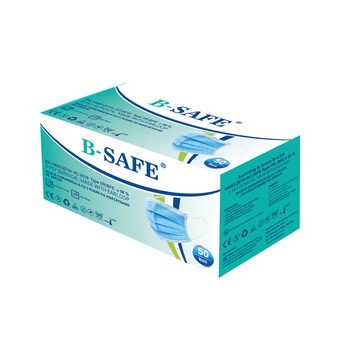 Set 50 bucati Masti medicale chirurgicale faciale B-SAFE, de protectie, de unica folosinta, cu 3 straturi si 3 pliuri, tip IIR, albastru Set 50 bucati Masti medicale chirurgicale faciale B-SAFE, de protectie, de unica folosinta, cu 3 straturi si 3 pliuri, tip IIR, albastru
