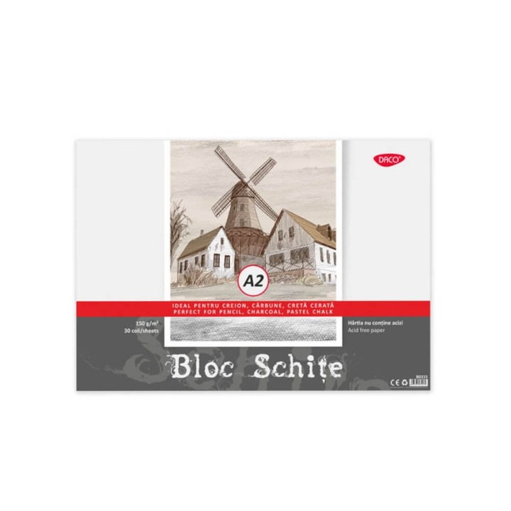 Bloc A2 pentru Schite Daco, 30 File, 42x59.4 cm, 150 g/m², Hartie Alba, Bloc Schite Daco, Bloc Schite A2, Bloc Schite, Bloc Schite Foi Albe, Bloc Schita Alba, Bloc de Desen, Materiale Arta
