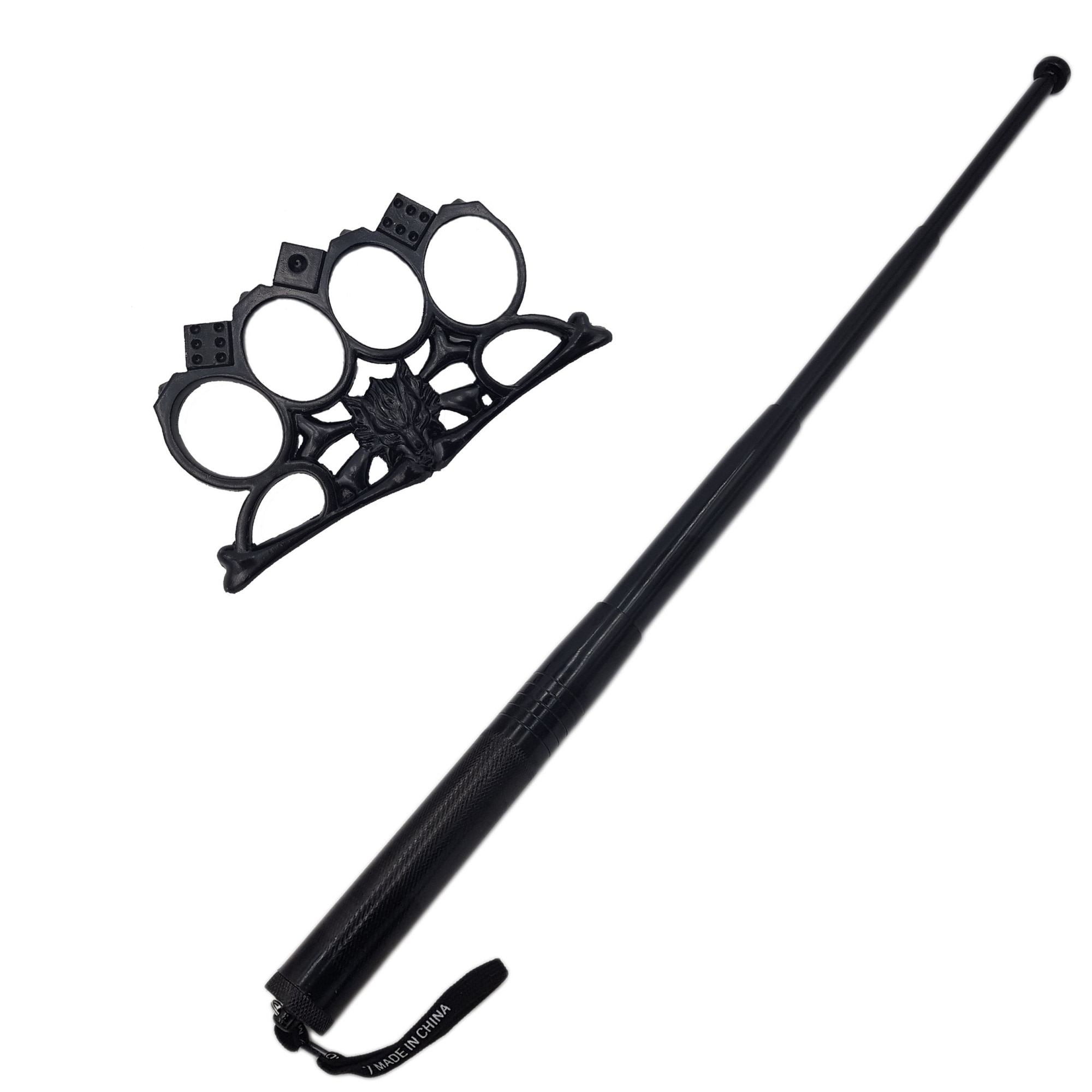 Set autoaparare baston telescopic din otel, 64 cm, 4 sectiuni, negru, husa piele si pumnal tip box, lup, 1 cm grosime, negru
