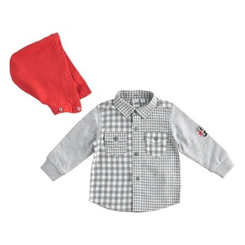 Camasa baiat, Ido, in carouri gri, cu gluga rosie detasabila Camasa baiat, Ido, in carouri gri, cu gluga rosie detasabila