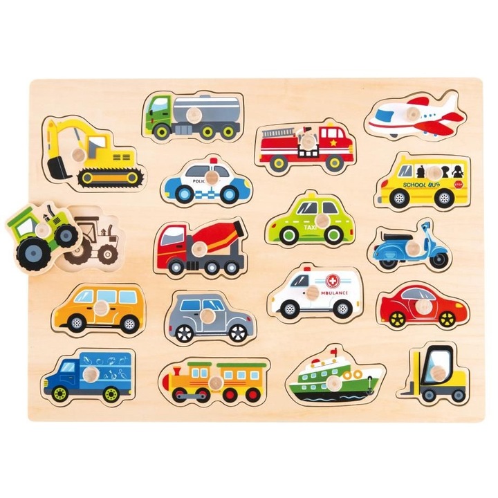 Дървен пъзел с дръжки Lelin, Превозни средства, 18 части