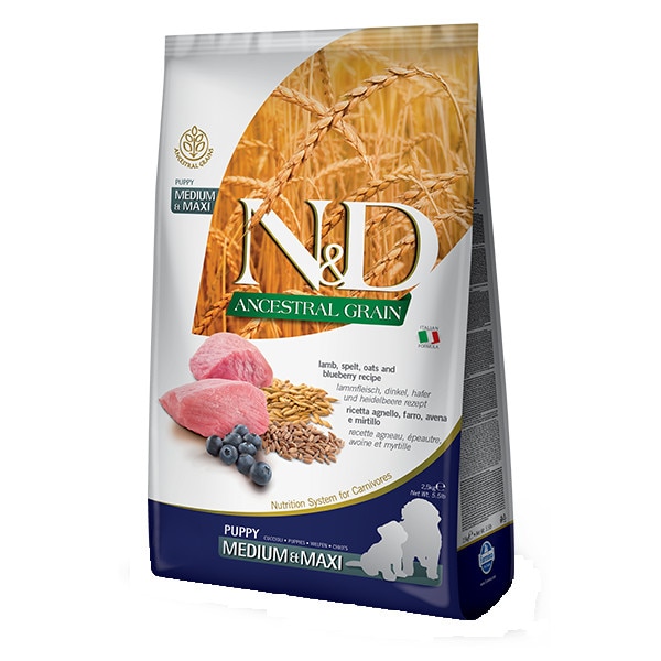 Hrana uscata pentru caini N&D, Ancestral Grain, Puppy Medium & Maxi, Miel , Alac, Ovaz si Afine, 12 kg