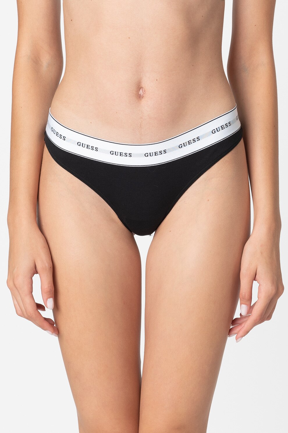 Guess, Chiloti tanga cu banda logo elastica, Negru/Alb