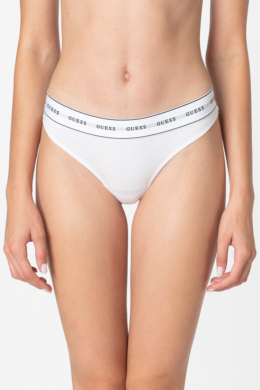 Guess, Chiloti tanga cu banda logo elastica, Alb