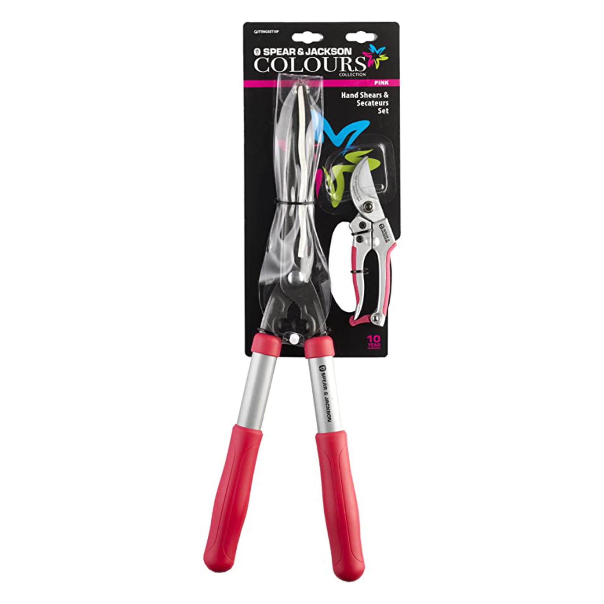 Set cadou cu doua foarfeci, pentru gard viu si gradinarit tip bypass, manere roz, Spear & Jackson Colours