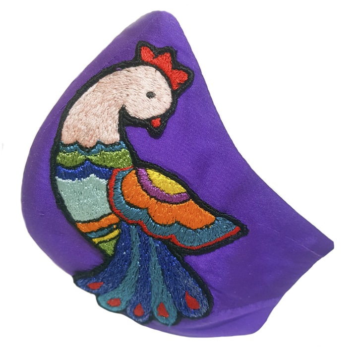 Masca de protectie faciala reutilizabila, textil, multicolor, broderie manuala, 3 straturi, model paun