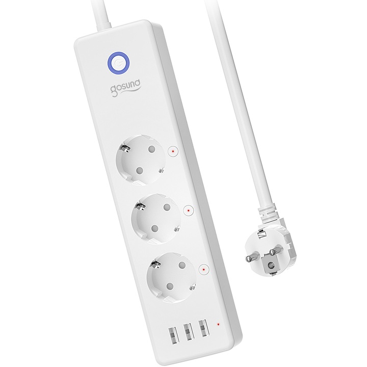 Prelungitor inteligent Gosund P1, Wireless, 3 prize, 3xUSB, 15W, 3A, intrerupator, 1.5 m, compatibil Alexa si Google Assistant, Android/iOS