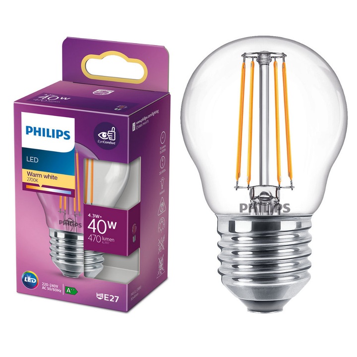 Bec LED vintage Philips, E27, 4.3W (40W), 470 lm, lumina alba calda (2700K), clasa energetica F