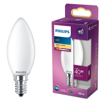 Bec LED Philips, E14, 4.3W (40W), 470 lm, Clasa energetica F,lumina alba calda (2700K) Bec LED Philips, E14, 4.3W (40W), 470 lm, Clasa energetica F,lumina alba calda (2700K)