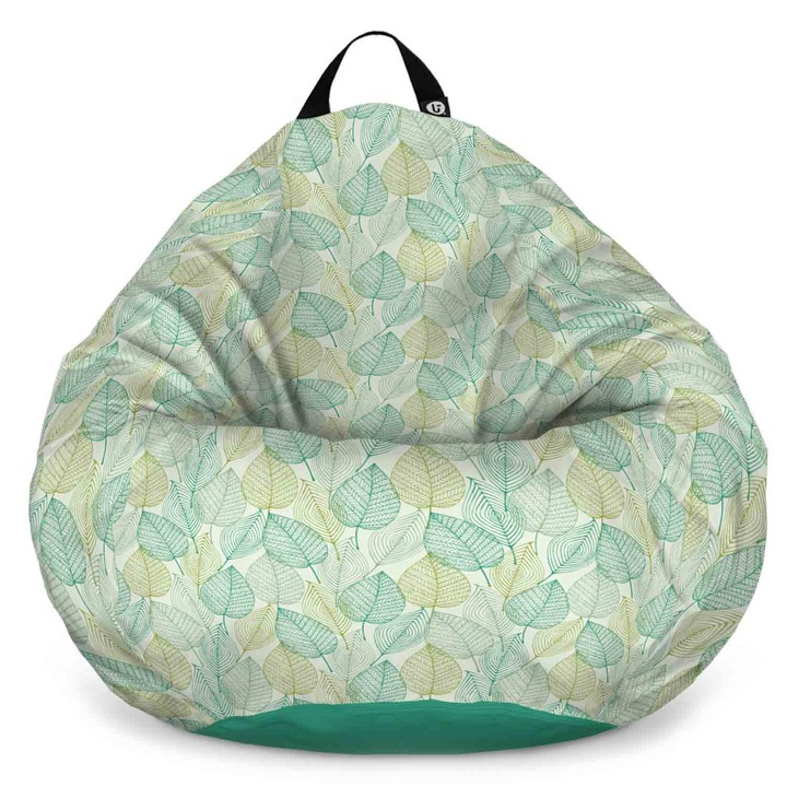 Fotoliu Updeco Puf Bean Bag tip Para XL, impermeabil, indoor/outdoor, sac interior, cu maner, 90 x 90 x 60 cm, frunze verzi si galbene