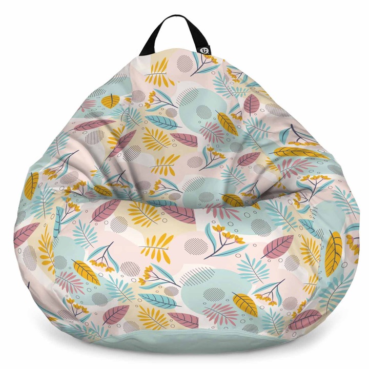 Fotoliu Updeco Puf Bean Bag tip Para L, impermeabil, indoor/outdoor, sac interior, cu maner, 80 x 80 x 55 cm, multicolor cu frunze