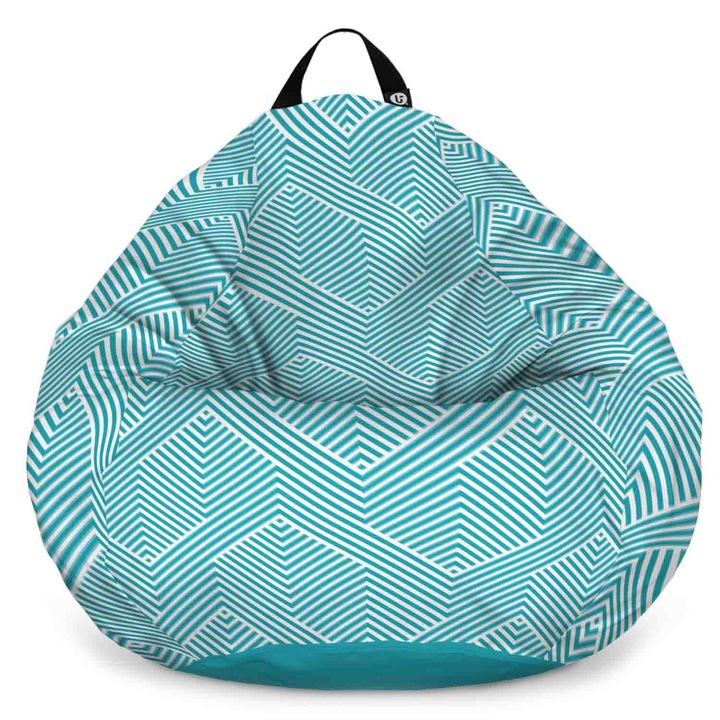 Fotoliu Updeco Puf Bean Bag tip Para XL, impermeabil, indoor/outdoor, sac interior, cu maner, 90 x 90 x 60 cm, motiv alb cu bleu