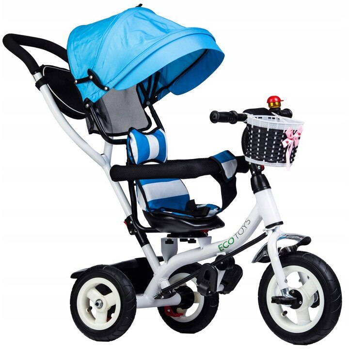 Tricicleta Multifunctionala Cu Maner, Sezut Reversibil si Copertina Ecotoys, alb/albastra, 12 luni - 5 Ani