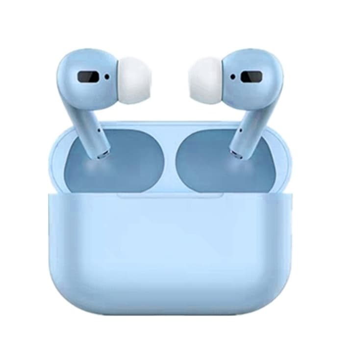 Casti Tip Airpods Pro Blue Pods model 2021, compatibile cu Bluetooth precum Iphone, Samsung, Huawei, LG, tehnologie bluetooth V5.0, sunet muzica 3, touch control, microfon integrat, recunoastere automata dupa conectare, culoare Albastru