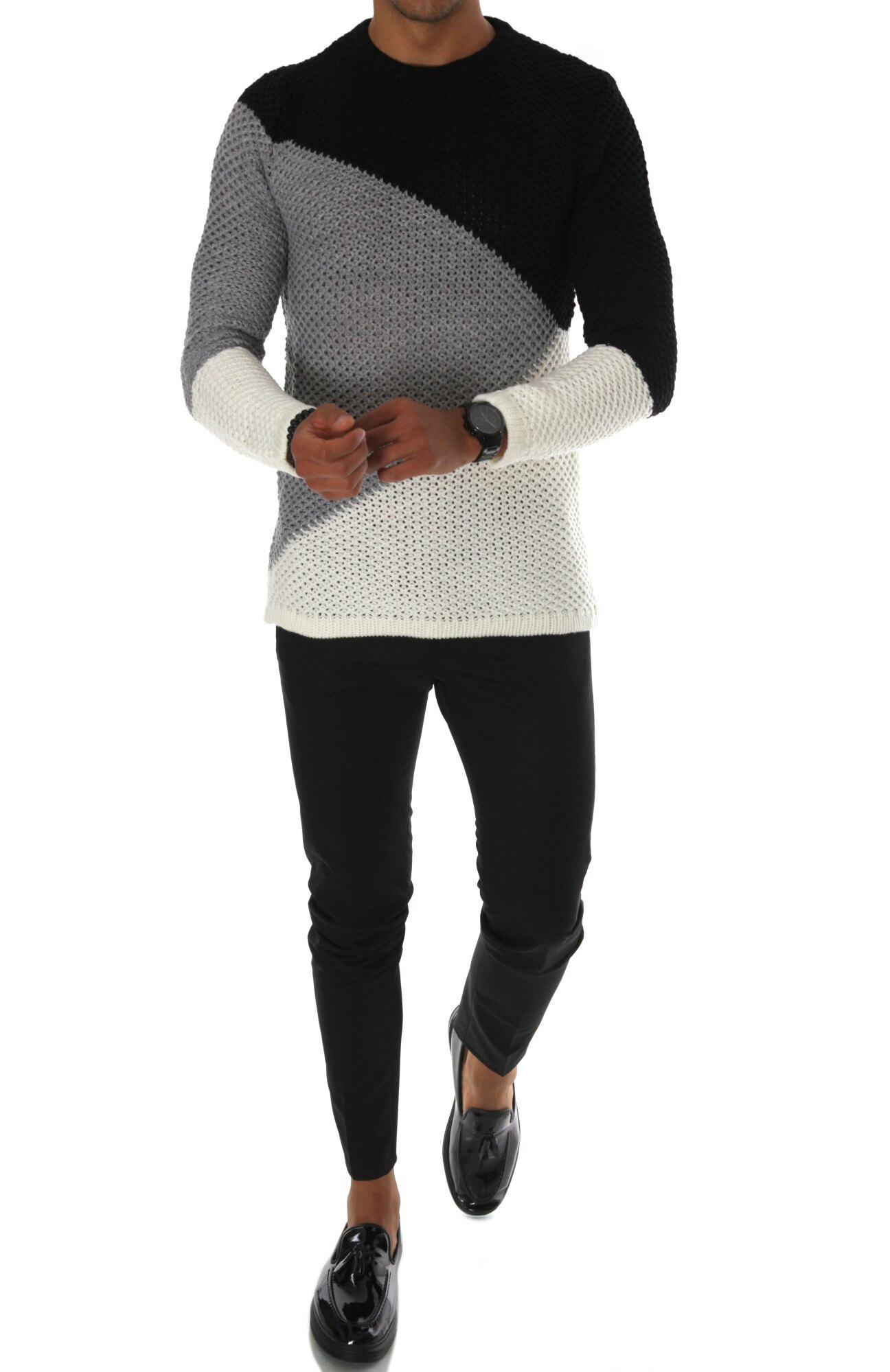 Pulover barbati, T3602, slim fit, gros, gri, Gri