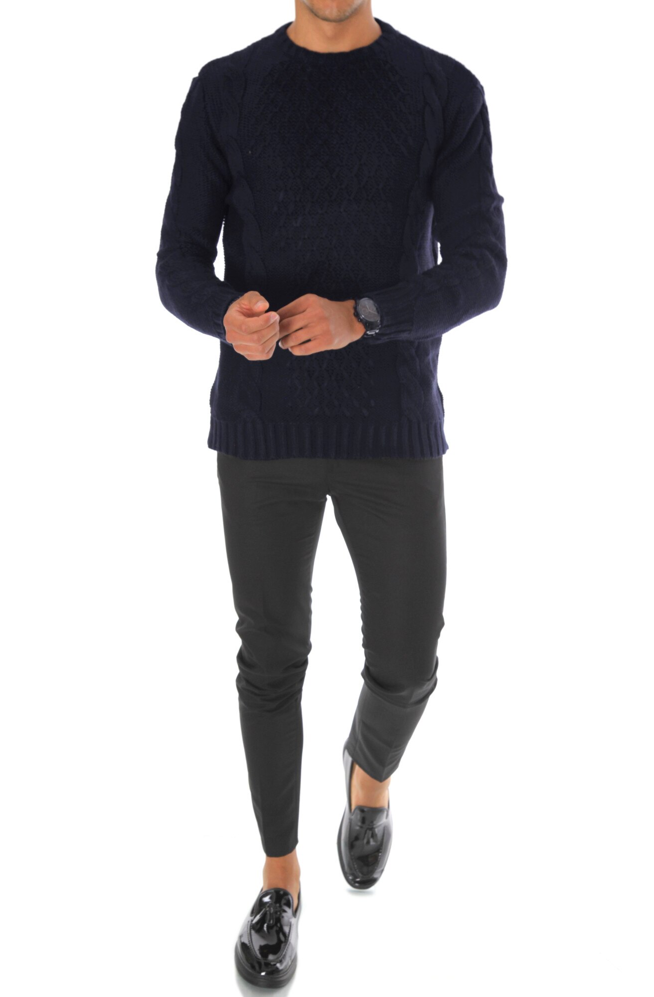 Pulover barbati, T3631, slim fit, gros, bleumarin XS/S