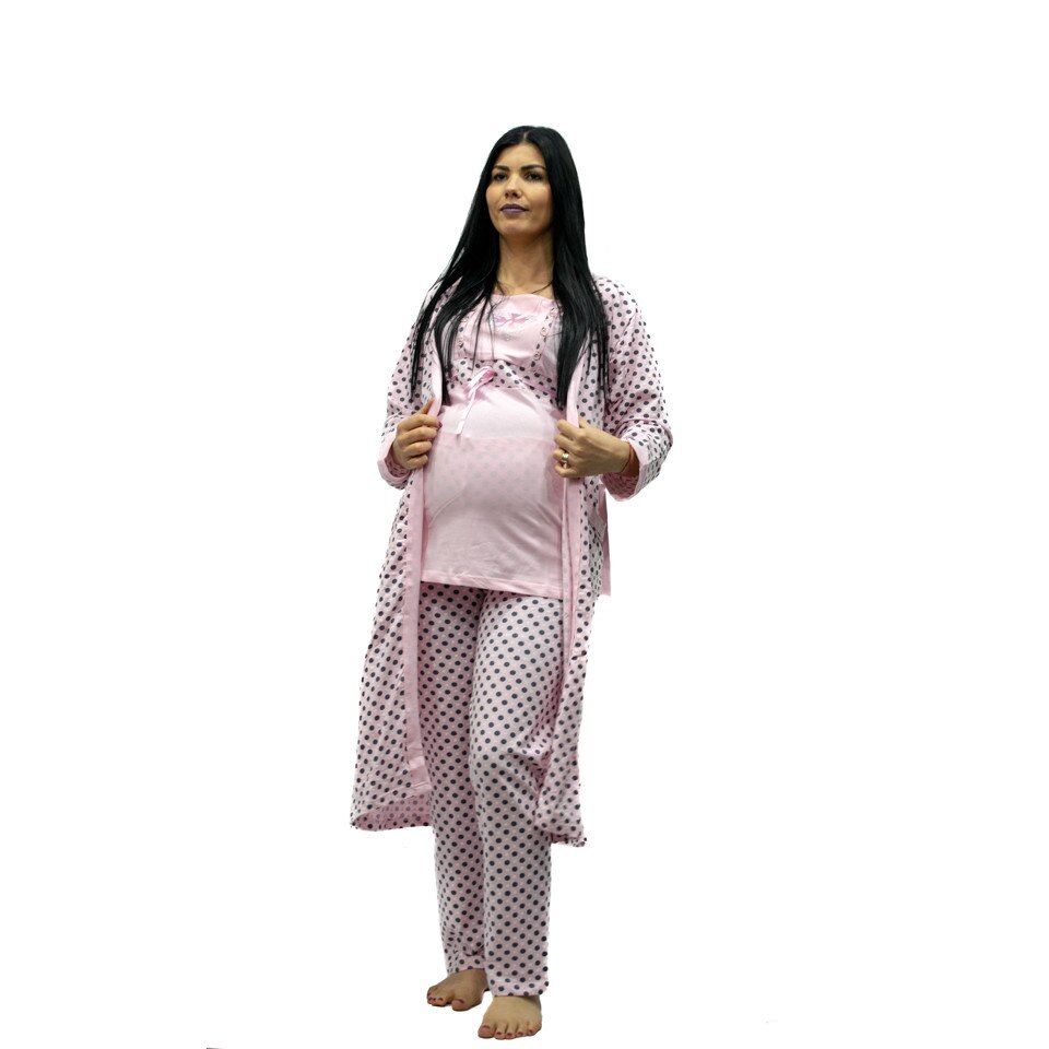 Set pijama si halat , Pentru alaptat , Roz cu buline XL EU