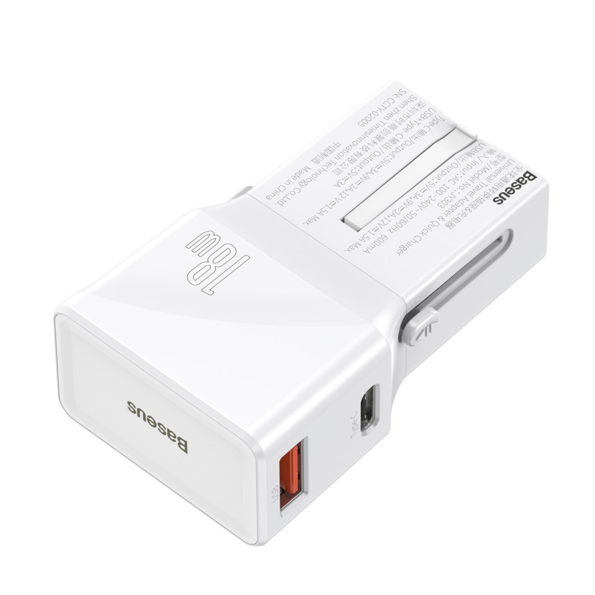 Incarcator Universal Baseus, Quick Charge 3.0, PD, USB/ USB-C, 100-240V, 18W, EU/US/UK/AU, Alb