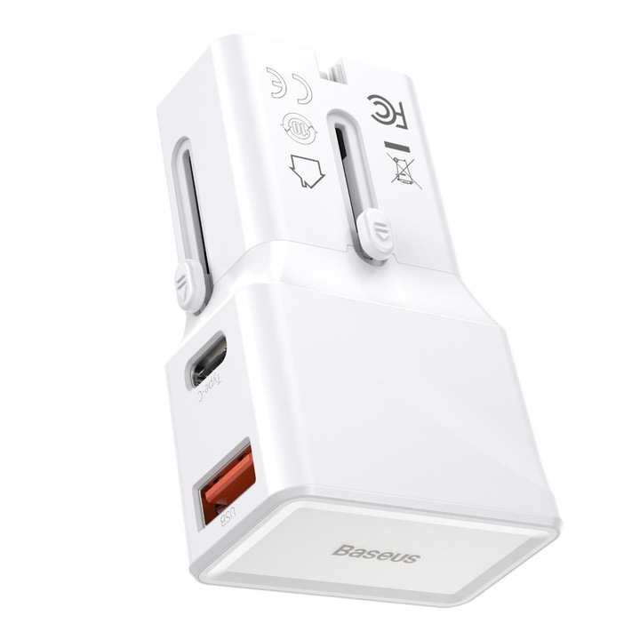 Baseus Univerzális hálózati töltő, Gyorstöltő 3.0, PD, USB / USB-C, 100-240V, 18W, EU / USA / UK / AU, Fehér