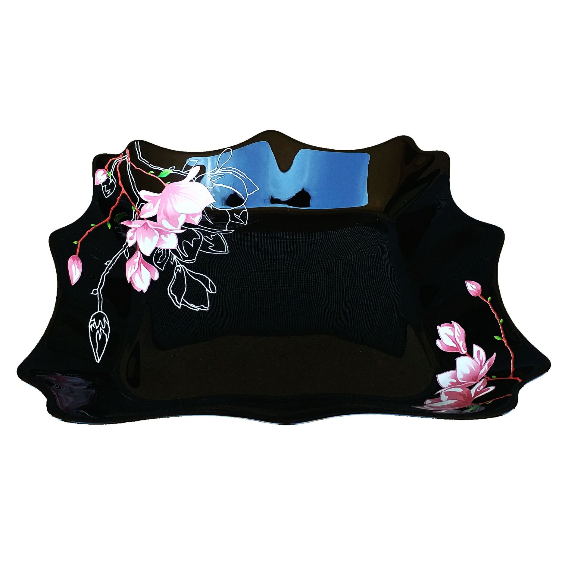 Set 6 farfurii negre opal adanci,patrate,20cm,decor floral magnolie