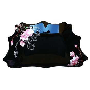 Set 6 farfurii negre opal adanci,patrate,20cm,decor floral magnolie Set 6 farfurii negre opal adanci,patrate,20cm,decor floral magnolie
